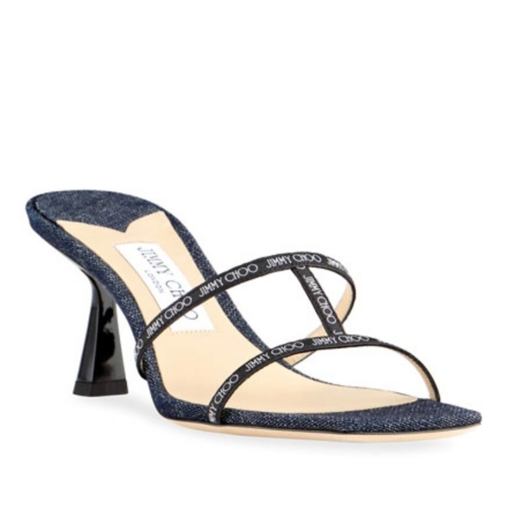 JIMMY CHOO Ria 65mm Denim Double Strap Logo Kitten Heel Mule Sandal $650